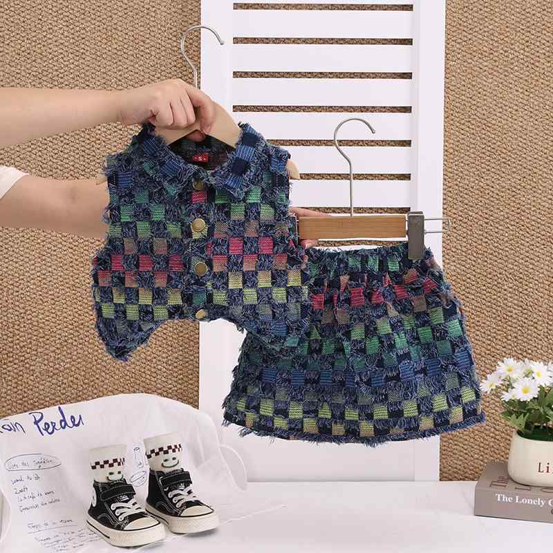 子供用セットアップ チェック柄 ベスト デニムスカート 2点セット 女の子 夏物 ベビー服 キッズ ノースリーブ 薄手 かわいい 80cm 90cm 100cm 110cm 120cm