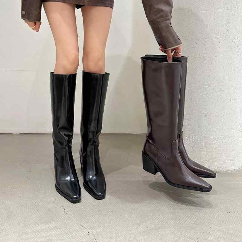 ブーツ レディース 婦人靴 秋冬 高筒 ジョッキーブーツ チャンキーヒール 太ヒール スクエアトゥ 防水 ..