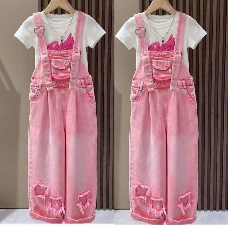 子供服 デニム サロペット セットアップ 女の子 夏物 半袖 トップス ズボン 2点セット かわいい ガール..