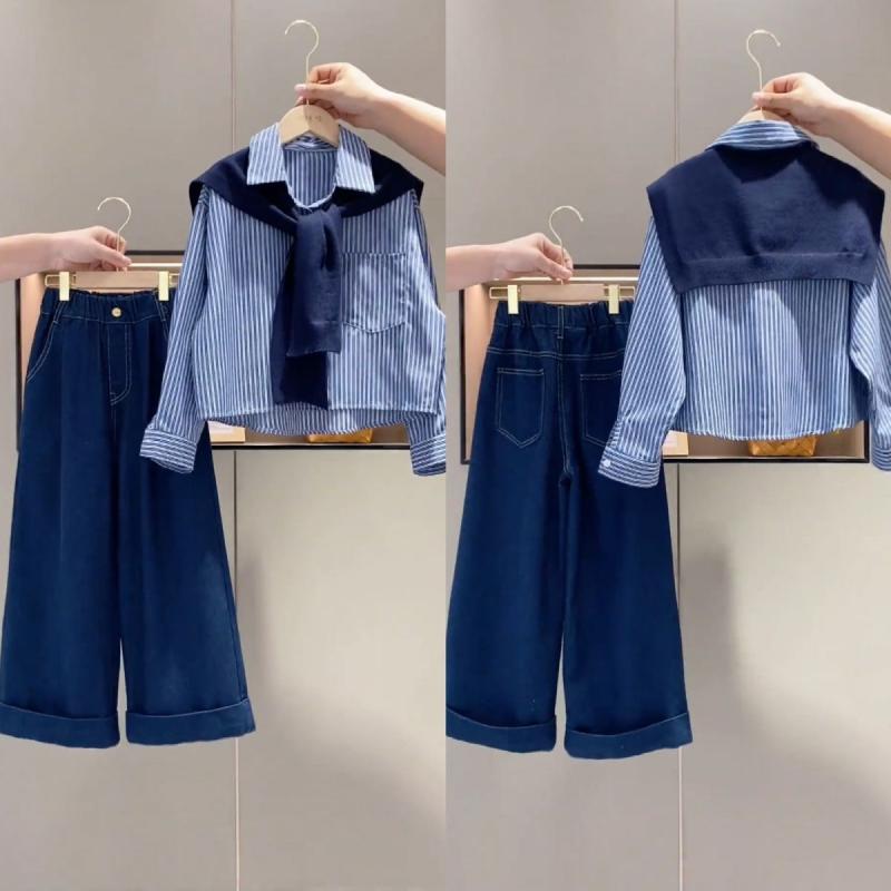 子供服 セットアップ 女の子 ストライプ柄 シャツ デニムパンツ 2点セット 春秋 長袖 120 130 140 150 ..