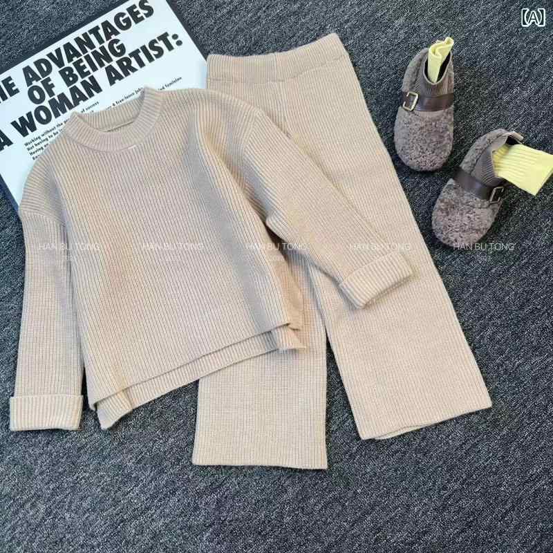 ニット セットアップ ガールズ 子供服 ワイドレッグパンツ 2点セット 無地 秋冬 長袖 トップス ボトムス 韓国風 カーキ色 ベージュ 120cm 130cm 140cm 150cm 160cm 170cm