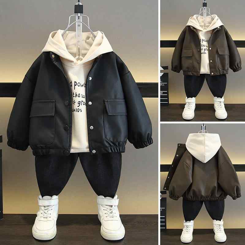 子供用セットアップ キッズ 長袖パーカー PUレザージャケット 2点セット 春秋 男の子 ボーイズ カジュアル 普段使い トップス アウター ブラック ブラウン 90cm 100cm 110cm 120cm 130cm 140cm 150cm