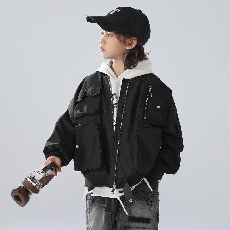 キッズ ジャケット 春秋 多ポケット ボーイズ アウター 子供 男の子 カジュアル 上着 綿 混紡 ブラック ワインレッド 120cm 130cm 140cm ...