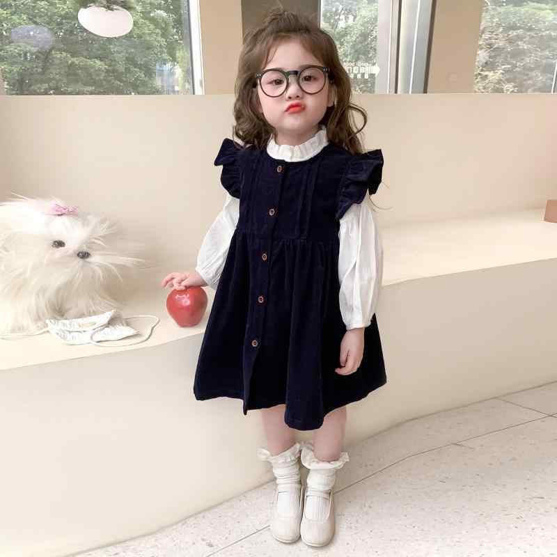 ワンピース キッズ 女の子 子供服 深青色 春秋 長袖シャツ ベスト セットアップ 2点セット 90cm 100cm ..