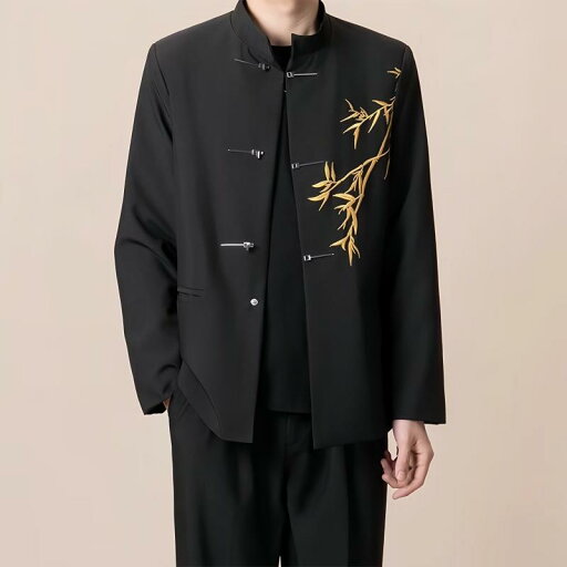 メンズ スーツ セットアップ 新中国スタイル 订婚 衣服 国風 立襟 中山装 金竹 刺繍 成人式 フォーマル パーティー ビジネス 修身 紳士服 ブラック メンズ スーツ セットアップ 新中国スタイル 订婚 衣服 国風 立襟 中山装 金竹 刺繍 成人式 フォーマル パーティー ビジネス 修身 紳士服 ブラック