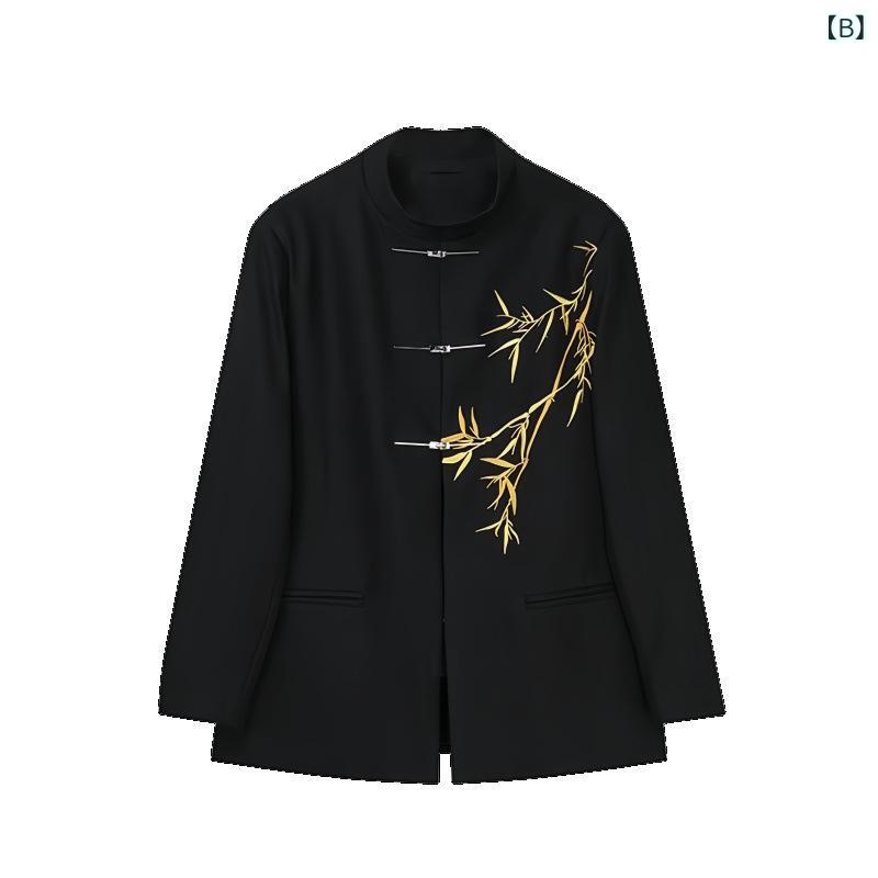 メンズ スーツ セットアップ 新中国スタイル 订婚 衣服 国風 立襟 中山装 金竹 刺繍 成人式 フォーマル パーティー ビジネス 修身 紳士服 ブラック