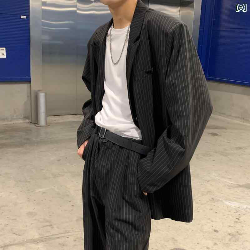 スーツ メンズ ストライプ柄 カジュアルスーツ 春 スプリング テーラードジャケット パンツ 上下セット セットアップ ゆったり ブラック グレー