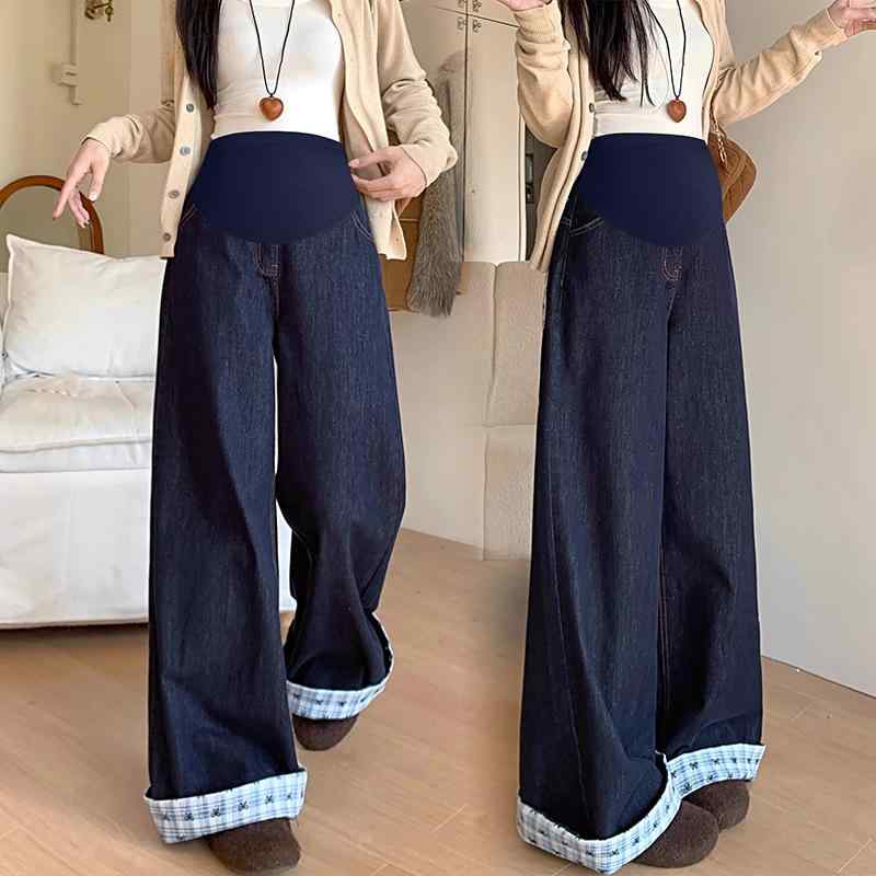 マタニティ デニム パンツ 春秋 産前産後 妊婦 ズボン ゆったり ワイドレッグ バタフライ リボン スト..
