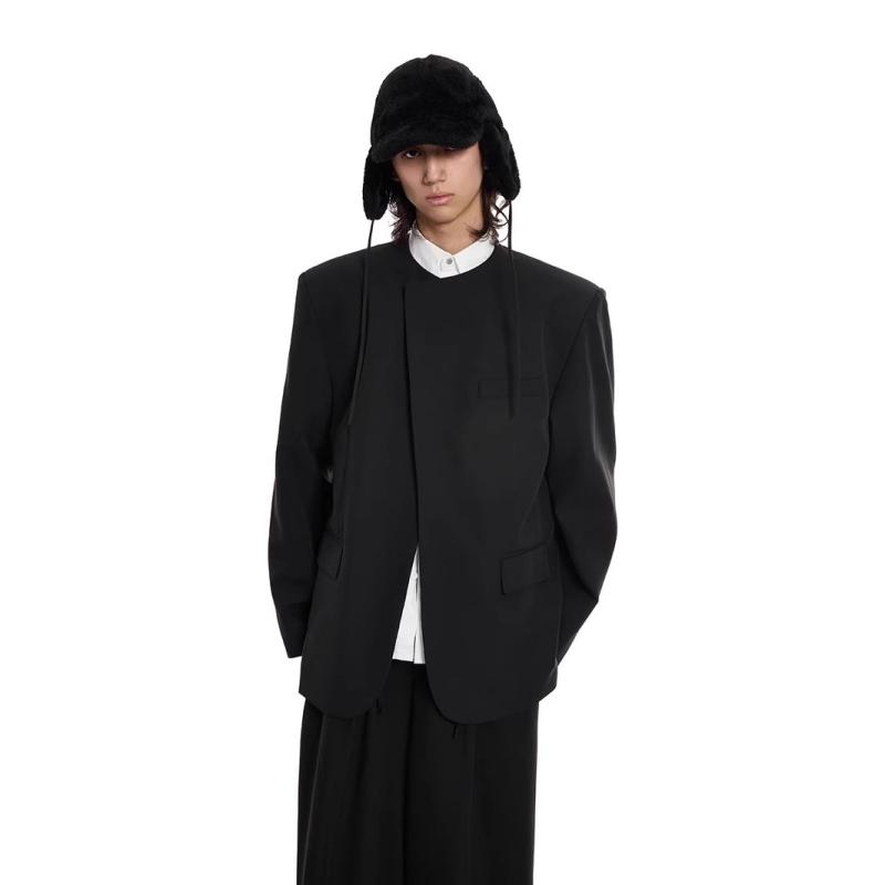 ジャケット 男性用 テーラードジャケット カジュアル 中国風 ポリエステル 無地 ブラック 長袖 春秋 ラウンドネック 宽松 1ボタン