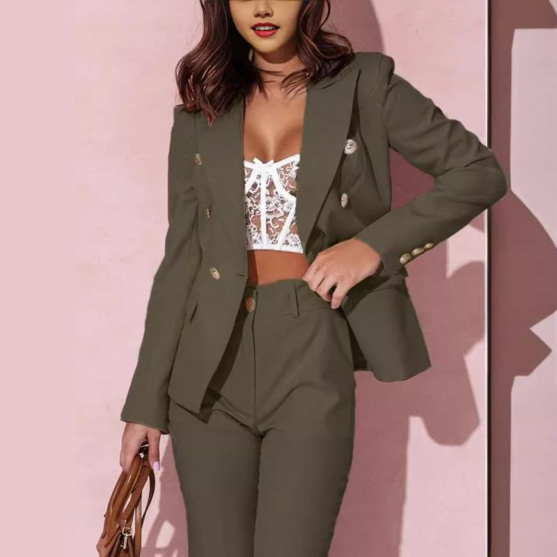 レディース スーツ セットアップ ダブルブレスト ジャケット パンツ 長袖 テーラード ポリエステル 無地 赤 黒 白 紺 カーキ 春