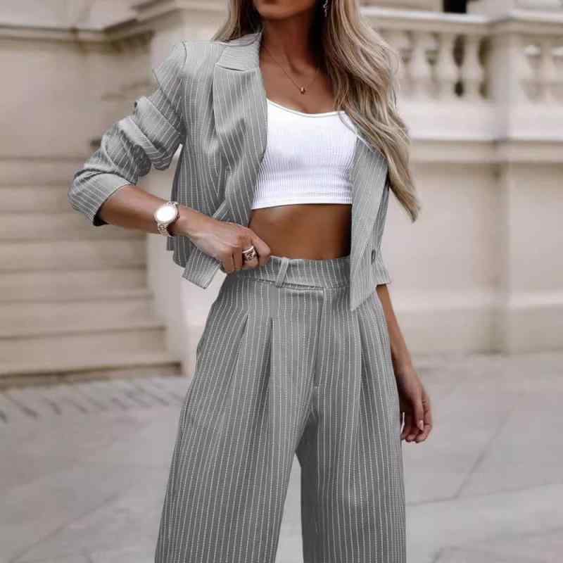 セットアップ レディース テーラードジャケット パンツスーツ コットンリネン ストライプ柄 長袖 ロングパンツ 灰色 黒色 オーガニックコットン 95%以上 欧美風 きれいめ カジュアルスタイル S M L XL XXL