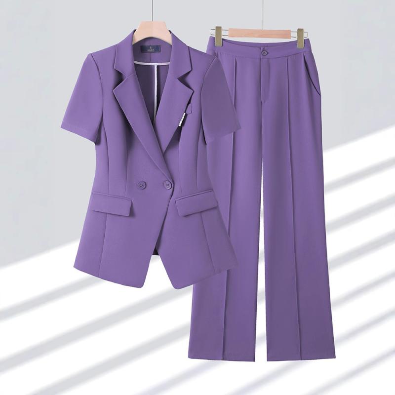 スーツ レディース 半袖 テーラードジャケット パンツ セットアップ ポリエステル 仕事着 オフィス カジュアル 通勤 サマー 薄手 パープル系