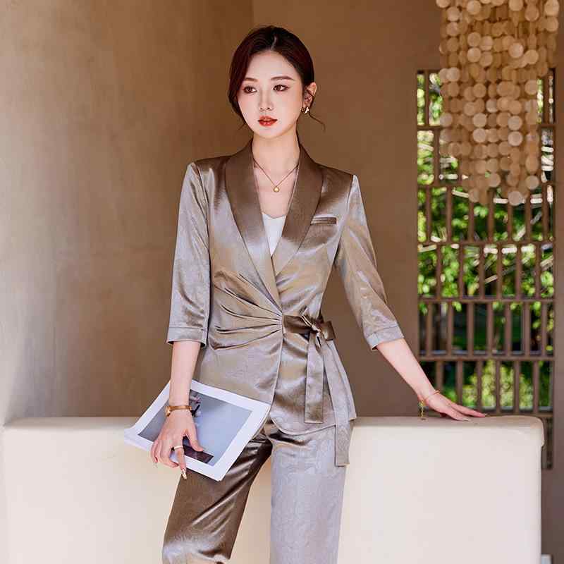 スーツ レディース 春夏 ポリエステル テーラードジャケット ワイドレッグパンツ フォーマル オフィススタイル セットアップ 紫 パープル 白 ホワイト シャンパンゴールド 7分袖 S M L XL 2XL 3XL 4XL