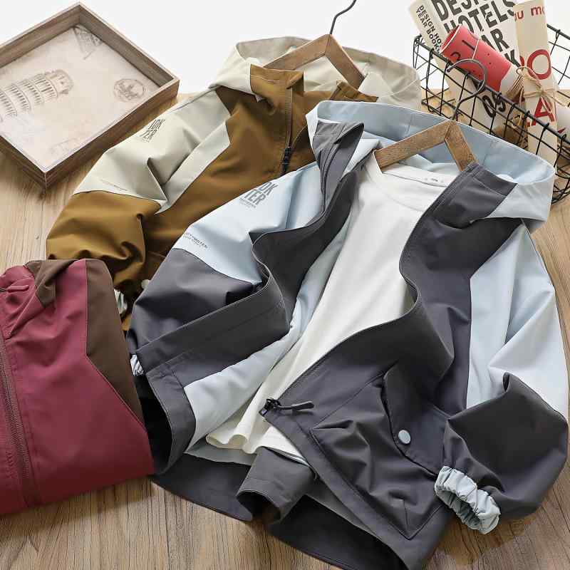 キッズ アウター 春物 フード付き ウインドブレーカー 防水 防風 切り替え 中童 大童 男の子 普段着 ポリエステル ブルー カーキ コーヒー色