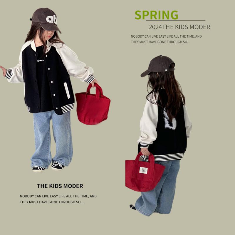 子供服 ジャケット 韓国風 レトロ 配色 刺繍 アウター スウェット カーディガン ガールズ ファッション 長袖 綿 春 ブラック