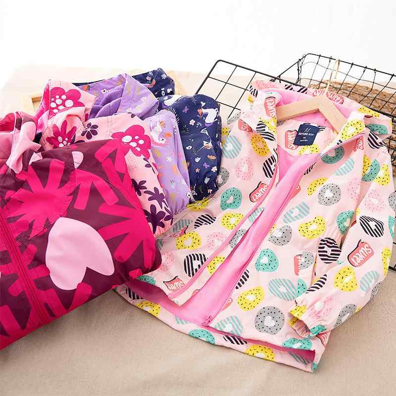 子供服 ガールズ アウター 中綿入りコート 裏起毛 フード付き 防寒 防風 撥水 アニマル柄 フラワープリント ポリエステル 秋冬 パープル ブルー ピンク系