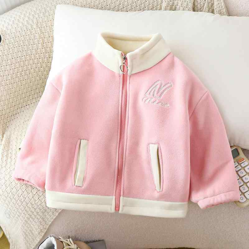 子供服 アウター キッズ 男女兼用 両面フリース ジャケット 立襟 刺繍 秋冬 防寒 上着 切り替え ジップアップ 80 90 100 110 120 130 140cm