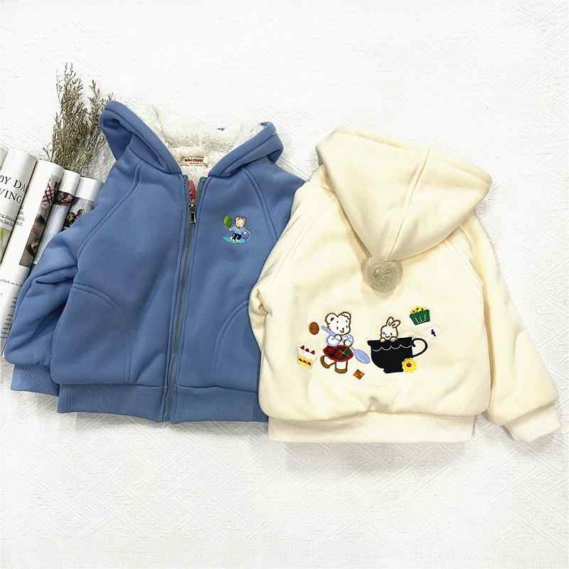 子供服 アウター 男女兼用 ボアジャケット クマ柄 裏起毛 防寒着 長袖 ミドル丈 コットン 湖ブルー アイボリー