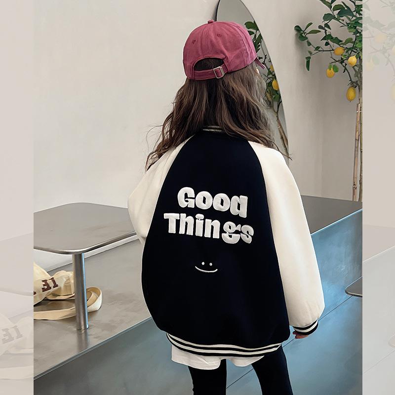 子供服 キッズ ベースボールジャケット 女の子 アウター ブルゾン スプリングジャケット 8歳以上 春物 綿 ミドル丈 ブラック系
