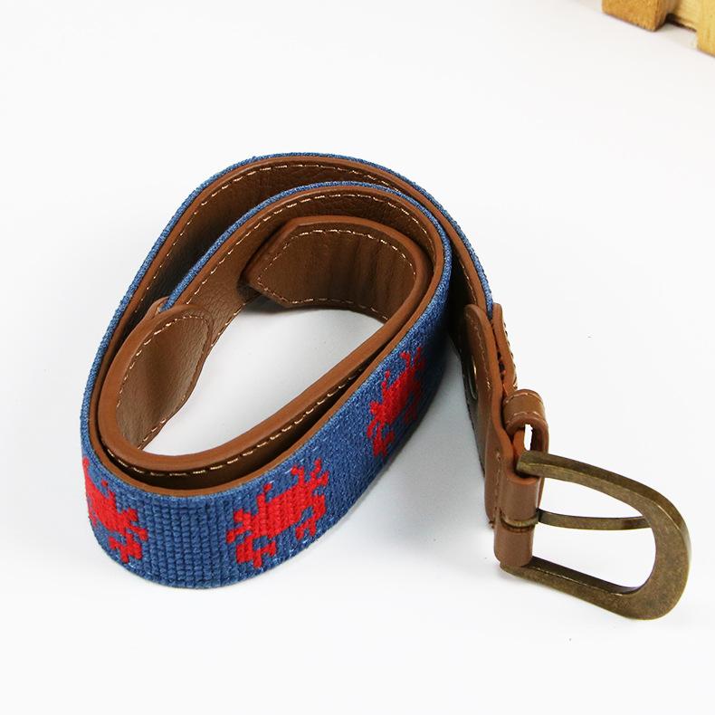 ベルト キッズ 子供用 牛革 本革 伸縮 ゴムメッシュ ベルト 編み込み 普段使い ブルー系 カニ柄 かわいい