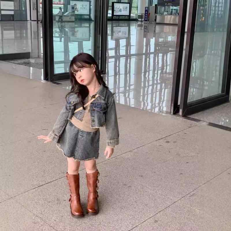 子供服 女の子 デニムジャケット & スカート セットアップ Vネック ニット トップス 2点セット 春秋 カジュアル かわいい ガールズ キッズ ジュニア 普段着 通園 通学