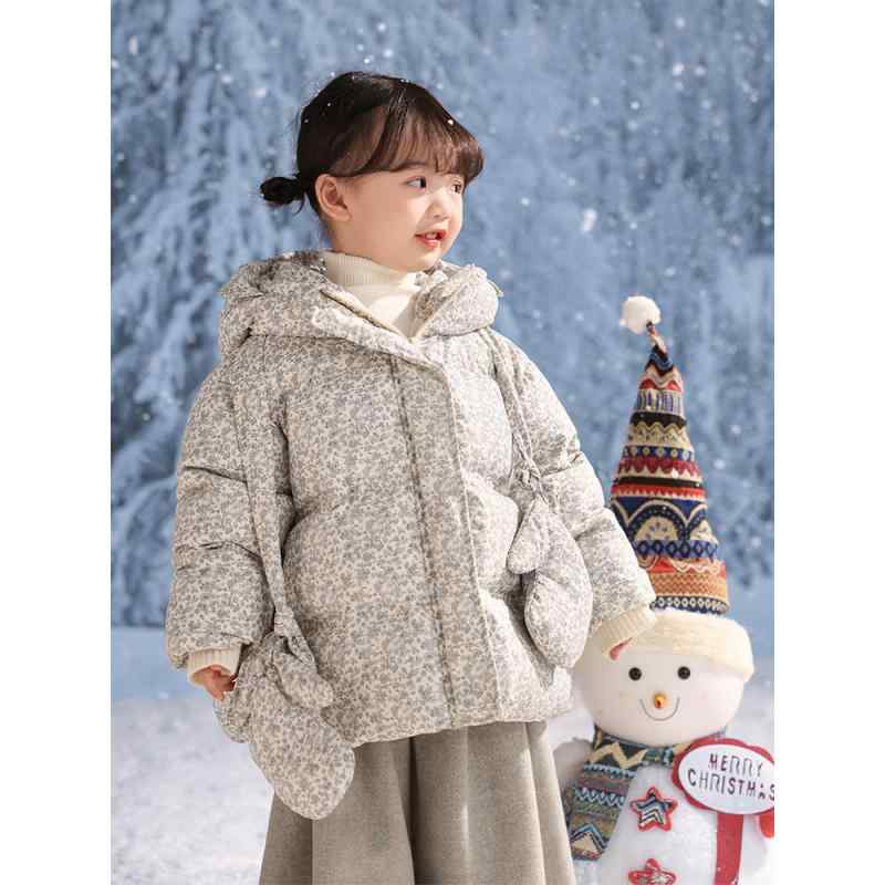 子供服 ガールズ ダウンジャケット 手袋付き フード付き 白ダックダウン 花柄 秋冬 防寒 普段使い お出..