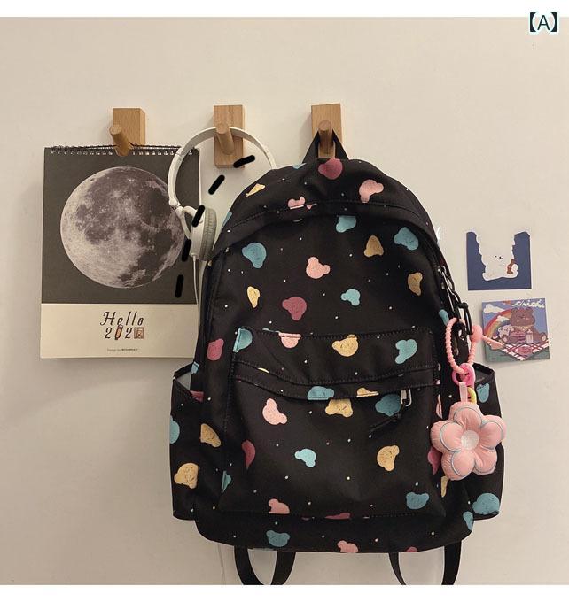 リュックサック キッズ 子供 春 遠足 バッグ 小学生 中学生 大容量 防水 尼ロン かわいい 熊 ブラック系