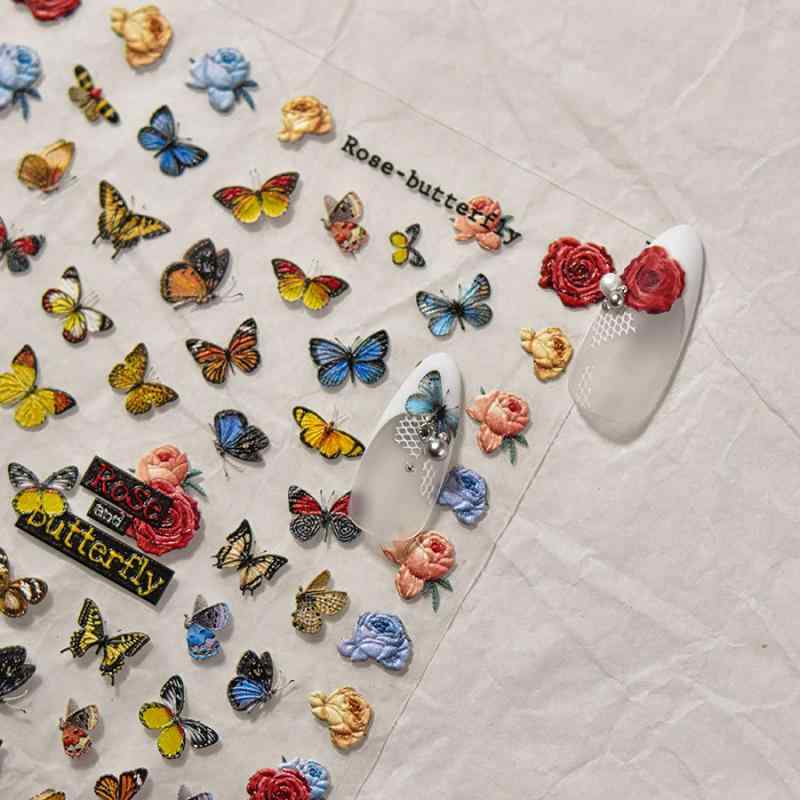 ネイルシール レディース メンズ キッズ ローズ 薔薇 バタフライ 蝶 超薄型 立体 レトロ カラフル 四芒星