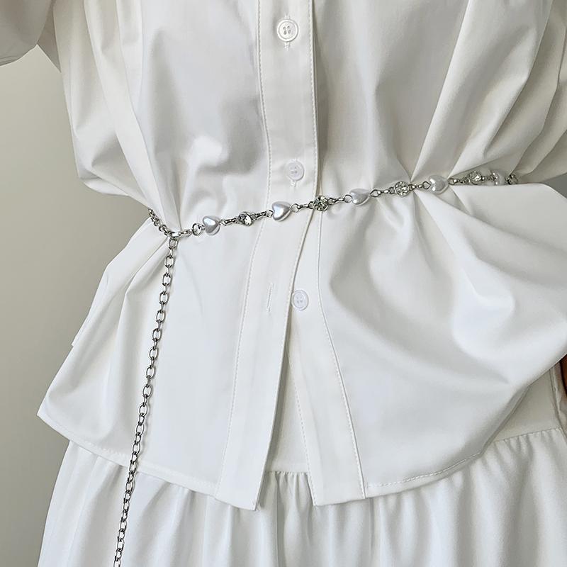 ベルト レディース 細ベルト パール チェーン スカート パンツ 飾り ワンピース ウエストマーク シルバー メタル 合金 ハート かわいい おしゃれ 普段使い 幅広 個性派 INS風