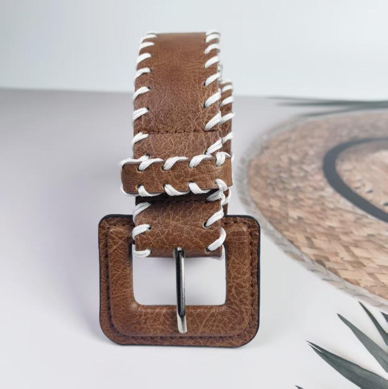ベルト レディース 幅広 茶色 本革 レトロ 手編み ハンドメイド ステッチ バックル ウエストマーク ファッション ビジネス カジュアル