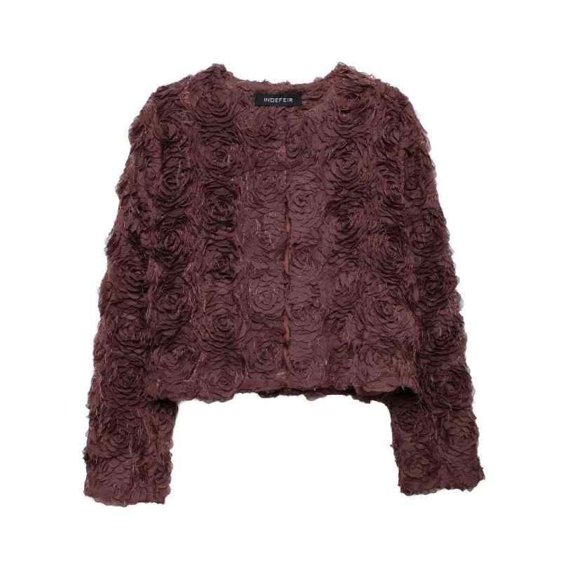 ジャケット レディース ヨーロッパ風 ファッション 無地 花柄 テクスチャ クルーネック 長袖 ゆったり 酒紅色 ポリエステル プリント ストリート カジュアル XS S M L