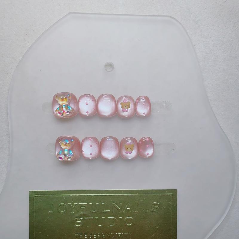 ネイルチップ キッズ 子供用 つけ爪 貼るネイル 猫目柄 かわいい カートン ベア フレンチ 短い ショート 白肌効果(4)