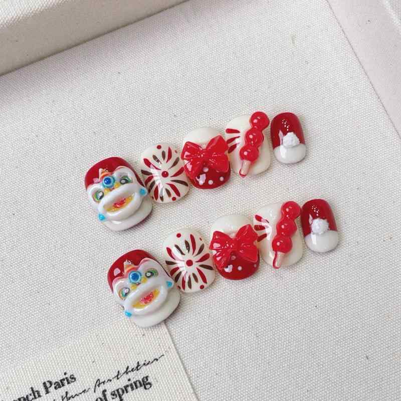 つけ爪 春節 短い かわいい カートン 獅子舞 ガール 手描き 3D 飴細工 中国風 XS S M L