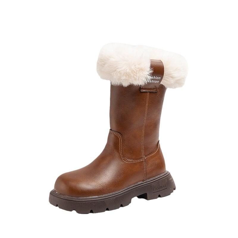 ブーツ キッズ 女の子 子供 大棉入り 秋冬 厚底 ラウンドトゥ 合成皮革 サイドジップ 普段使い ブラッ..