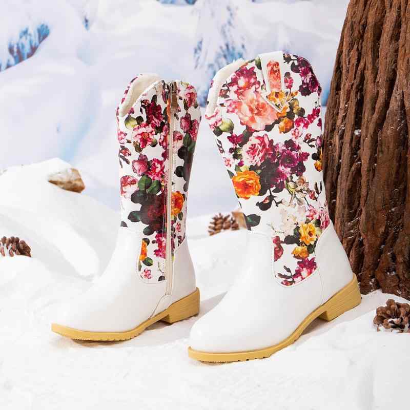 ブーツ ガールズ 子供用 プリンセス 秋冬 暖か 裏起毛 ロングブーツ 子供靴 花柄 人工皮革 サイドジッ..