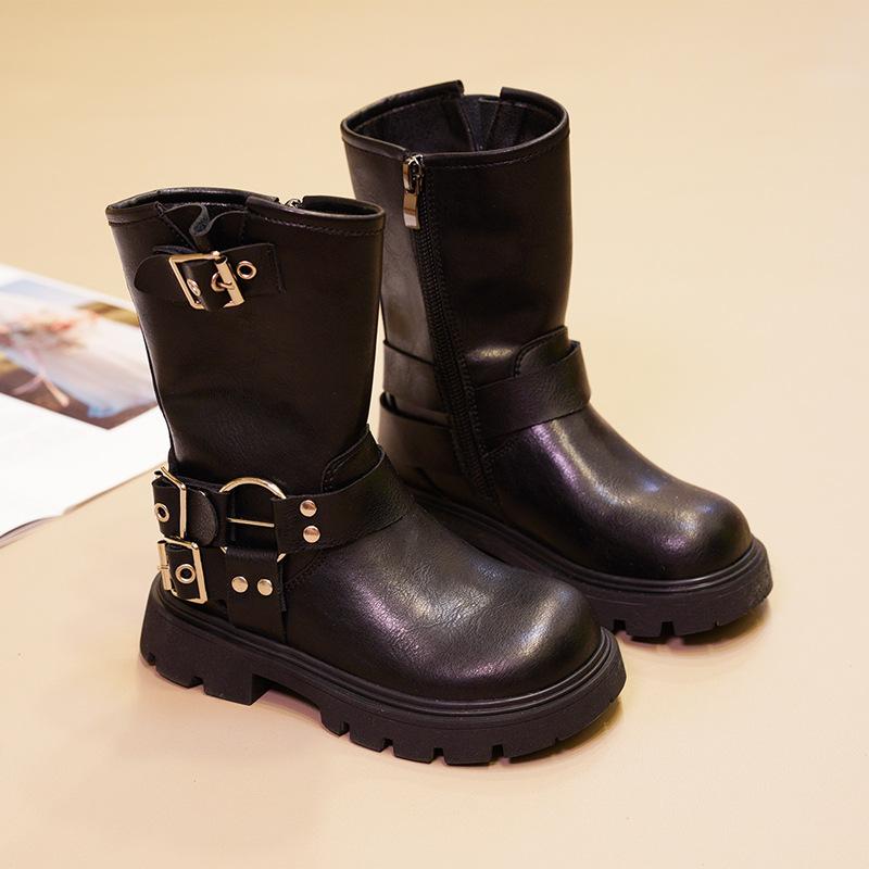 ブーツ ガールズ キッズ 子供靴 秋冬 中筒 サイドジップ ブラック 7歳 8歳 9歳 10歳 11歳 12歳 4歳 5歳..