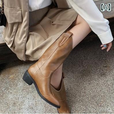 ブーツ レディース 婦人靴 中筒ブーツ 騎士ブーツ ウエスタンブーツ ポインテッドトゥ チャンキーヒー..