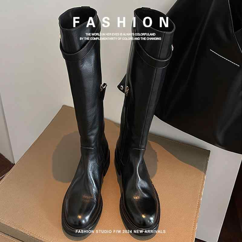 ブーツ レディース 騎士ブーツ 本革 厚底 ハイカット チャンキーヒール ラウンドトゥ ジョッキーブーツ..