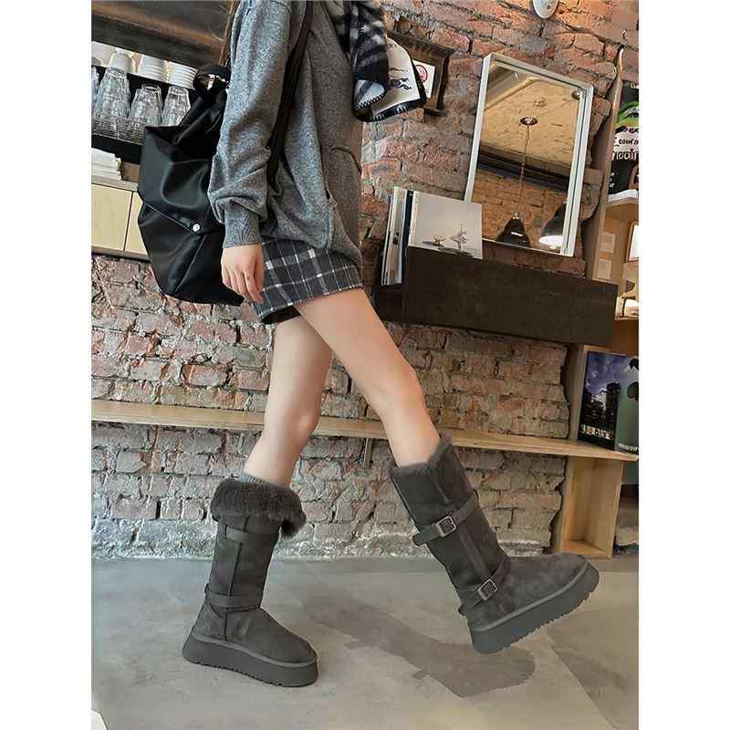 スノーブーツ レディース 女性用 厚底 防寒 暖かい 裏起毛 あったか 長靴 ショートブーツ 灰色 グレー 秋冬 スエード調 普段使い