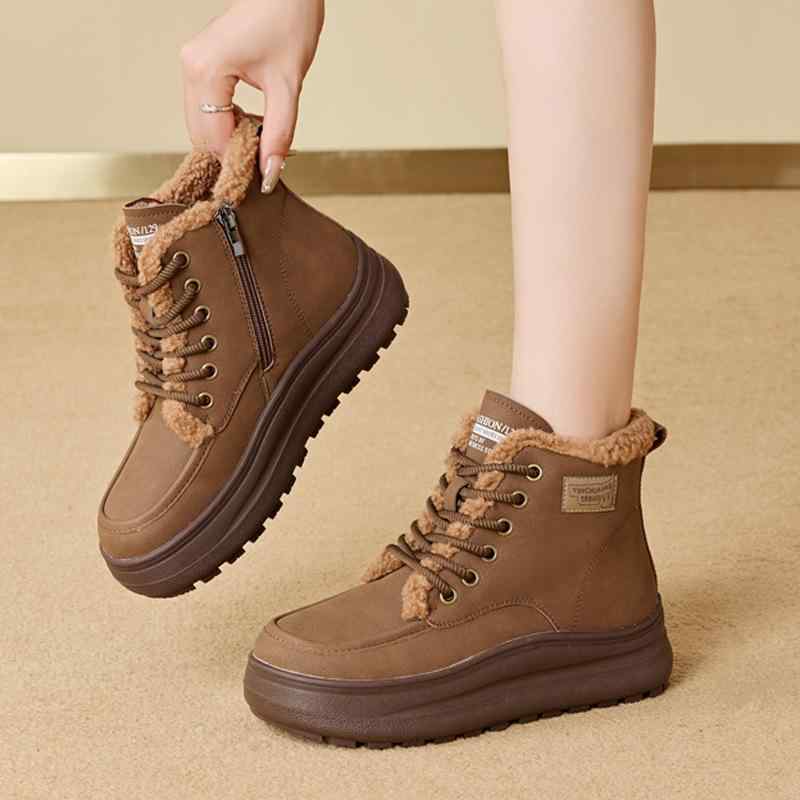 スノーブーツ レディース ボア 防寒ブーツ あったか 牛革 厚底 ショートブーツ ラウンドトゥ レースアップ カーキ ブラウン 秋冬