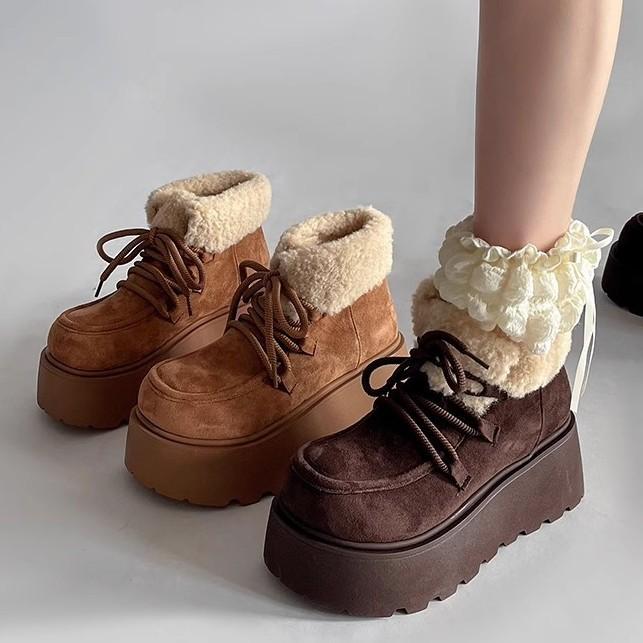 雪地靴 レディース 秋冬 ショートブーツ フラットソール ラウンドトゥ スエード調 スリップオン 防寒 あったか もこもこ カジュアル アイボリー ベージュ ブラウン