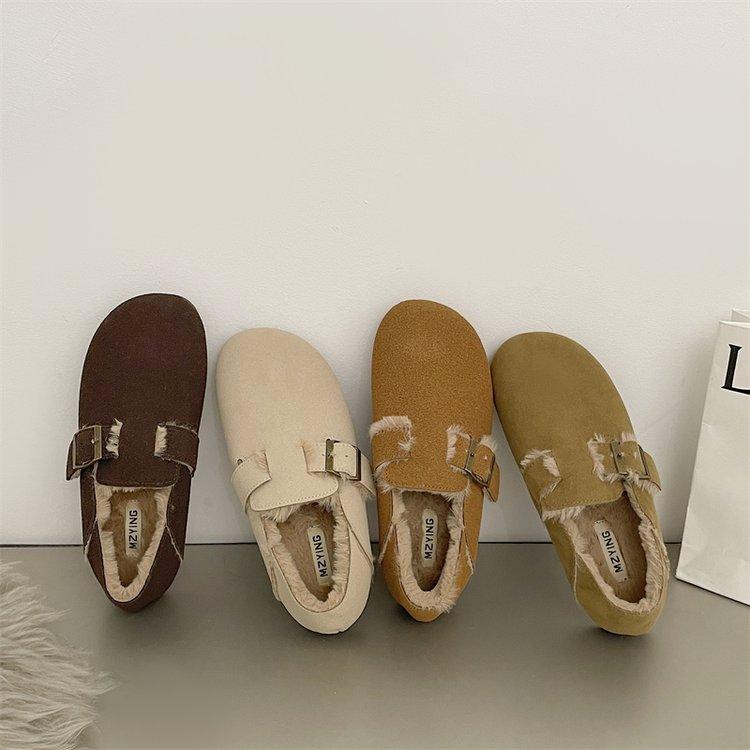 靴 レディース 秋冬 加絨 暖かい 防寒 スノーブーツ 厚底 フラット ローカット スリッポン バブーシュ 2way キャンメル ベージュ ブラウン 無地 かわいい 普段使い デート