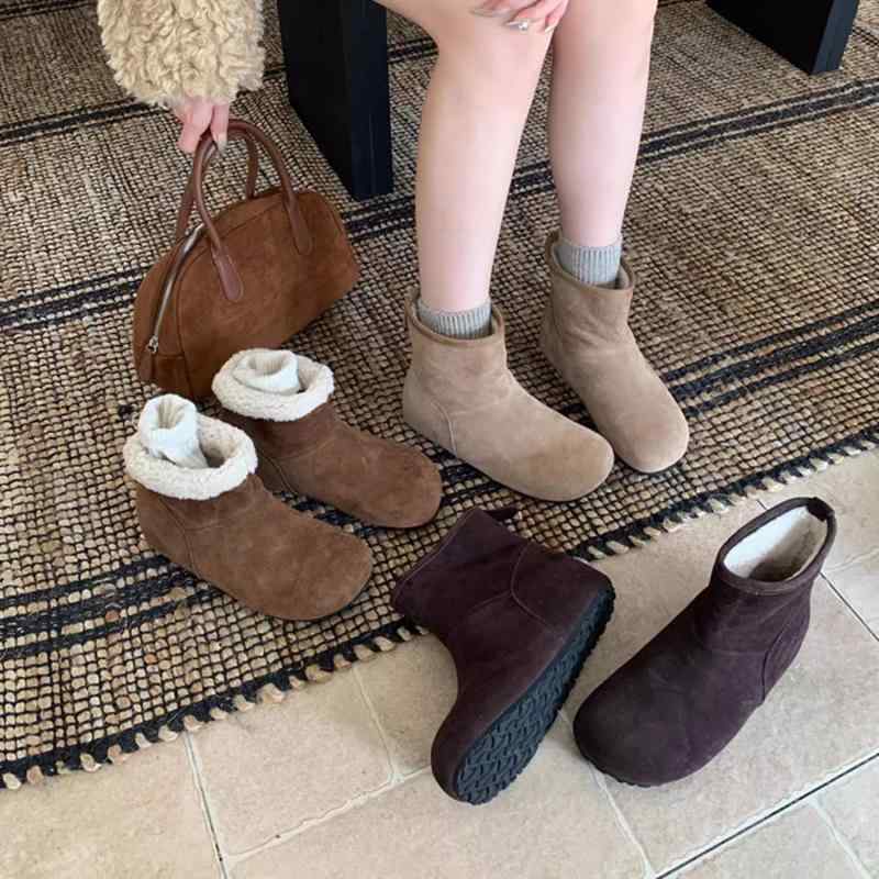 ブーツ レディース 雪地靴 本革 インヒール 裏起毛 ショートブーツ 秋冬 スノーブーツ ラウンドトゥ ロ..