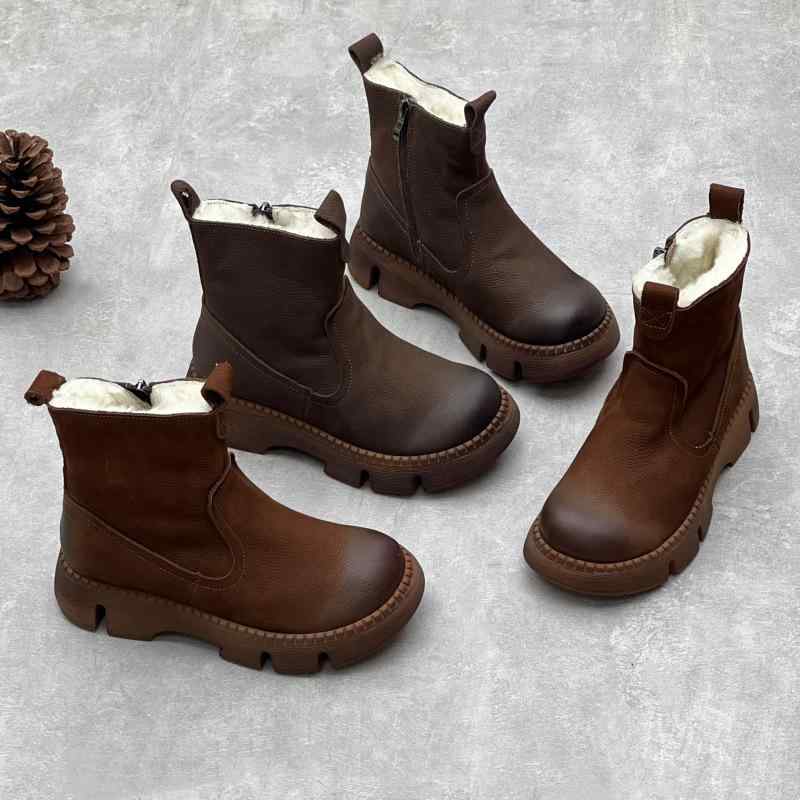 ブーツ レディース 防寒 ショートブーツ 本革 ウール あったか 厚底 ラウンドトゥ 婦人靴 カジュアル ..