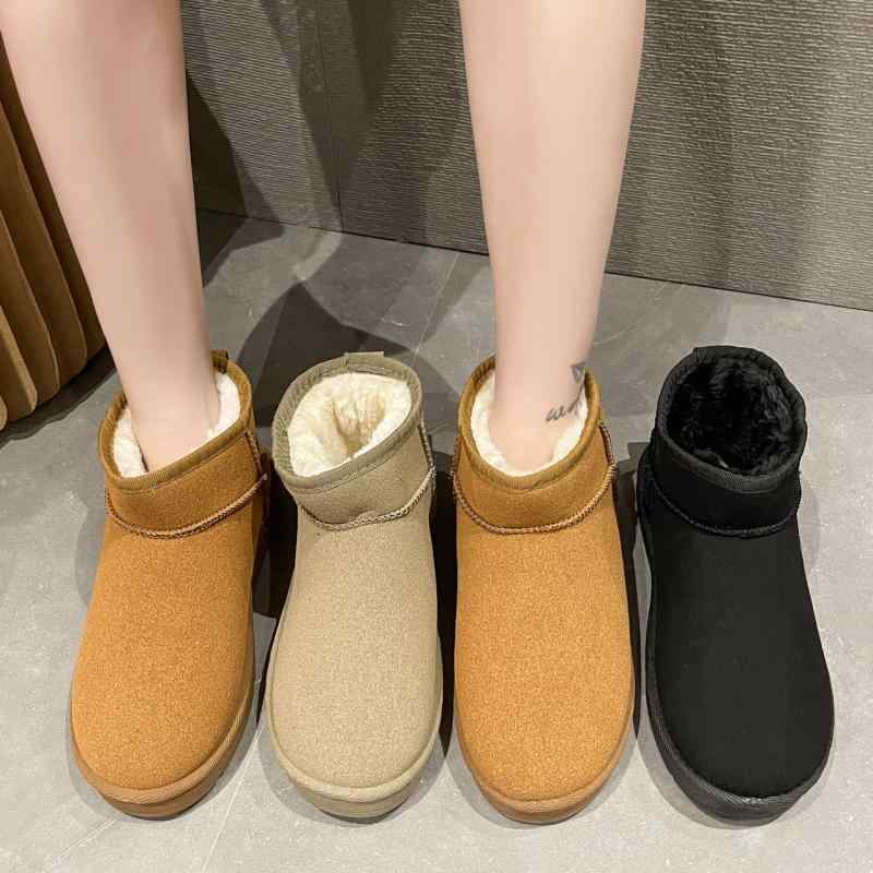 雪地ブーツ レディース 防水 防滑 防寒 ローヒール ラウンドトゥ スノーブーツ スリッポン ファー ボア ぺたんこ 冬 黒 ブラック カーキ ブラウン 22.5cm 23cm 23.5cm 24cm 24.5cm 25cm