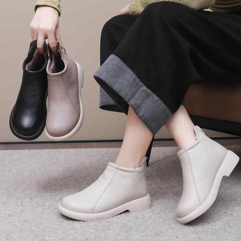 ブーツ レディース 婦人靴 ショートブーツ 本革 牛革 ローヒール フラット ぺたんこ 暖かい 防寒 保温 秋冬 ラウンドトゥ ジッパー アイボリー ブラック ベージュ