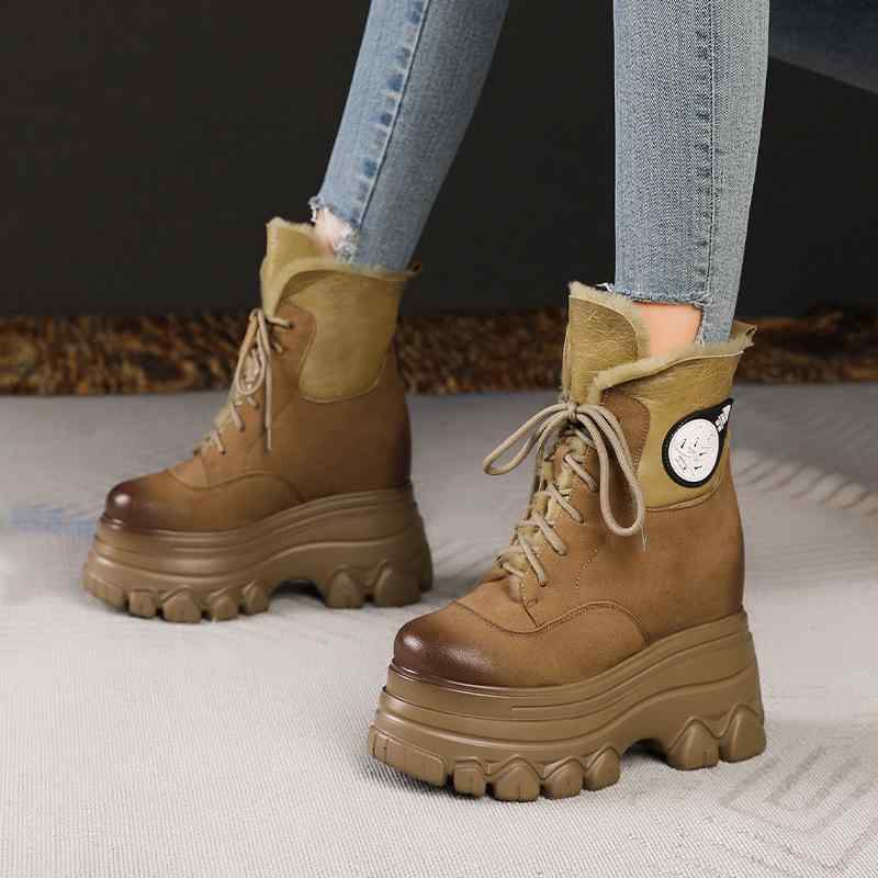 雪地ブーツ レディース 厚底 インヒール ラウンドトゥ 牛革 ヌバック調 レースアップ 冬 暖かい 防寒 ブラック カーキ