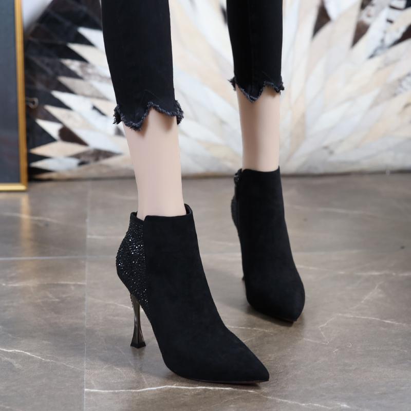 ブーツ レディース 女性用 本革 スエード調 ショートブーツ ラインストーン付き ポインテッドトゥ ピン..