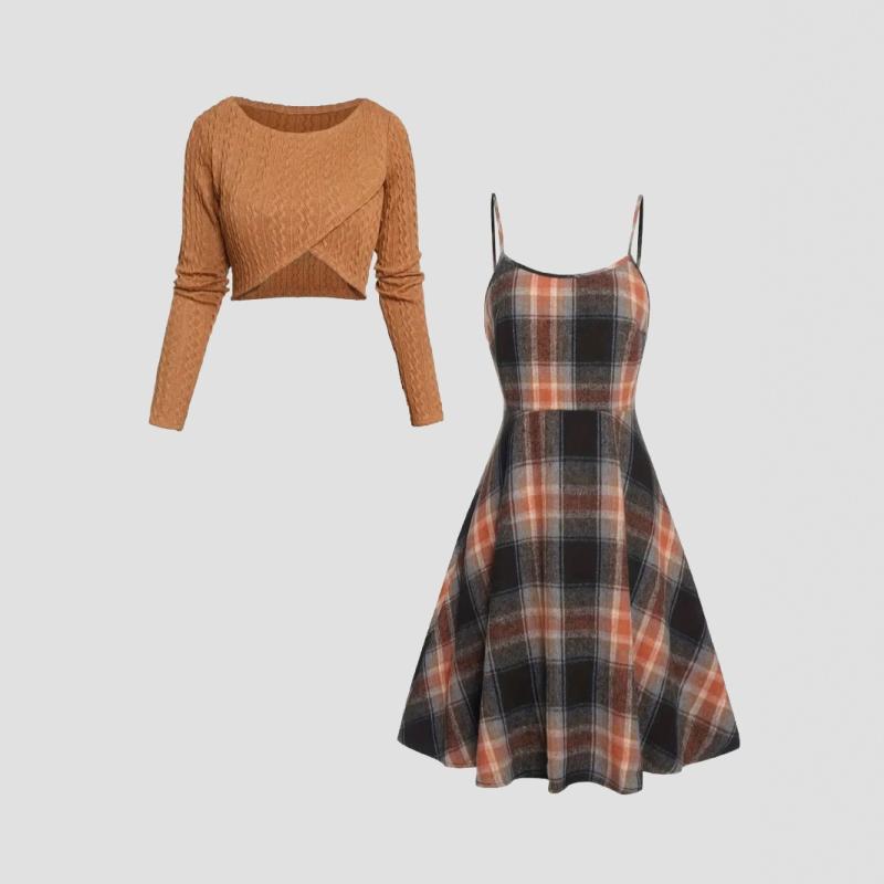 ワンピース レディース ニット 長袖 トップス チェック柄 Aライン ミモレ丈 エレガント 2点セット ポリ..