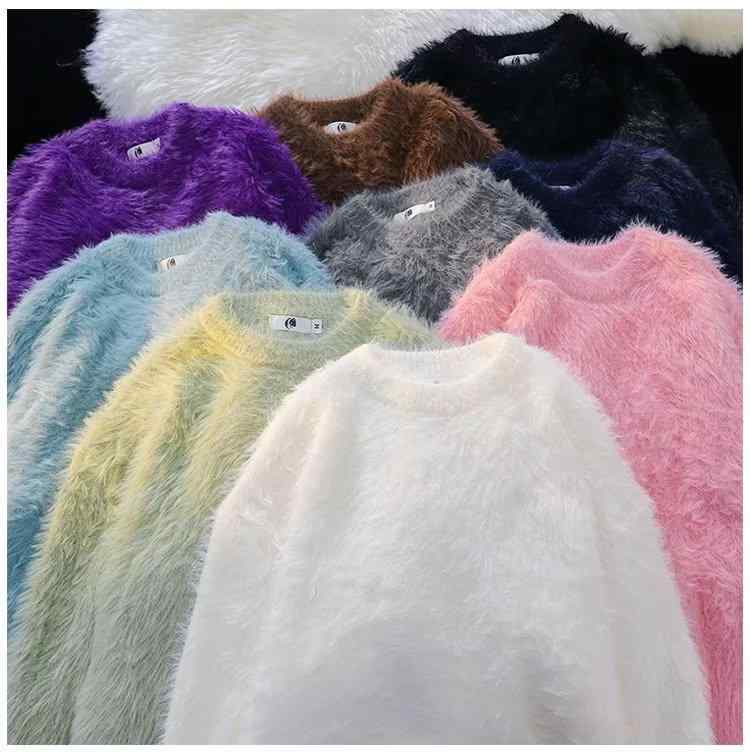 ニット メンズ ニットトップス 秋冬 無地 保温 インナー レトロ ゆったり ふわふわ ラウンドネック プ..